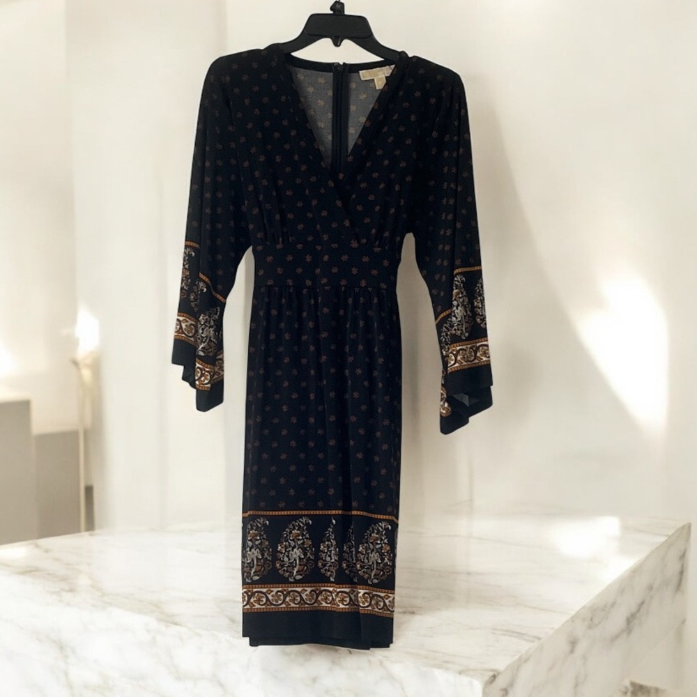 Michael Kors Boho Black Dress. Flowy Wide Sleeves. Brown, Gold, Orange Accents